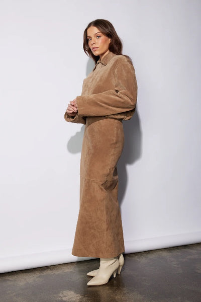 ENA PELLY - ANA SUEDE MAXI SKIRT - TOFFEE - PERTH STOCKIST - AUSTRALIAN STOCKIST - WA STOCKIST - AUSTRALIA STOCKIST - AUS STOCKIST - PERTH BOUTIQUE - WA BOUTIQUE - AUS BOUTIQUE - AUSTRALIA BOUTIQUE