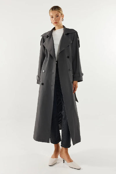 MADISON THE LABEL - RHODES TRENCH COAT - CHARCOAL - PERTH STOCKIST - AUSTRALIAN STOCKIST - WA STOCKIST - AUSTRALIA STOCKIST - AUS STOCKIST - PERTH BOUTIQUE - WA BOUTIQUE - AUS BOUTIQUE - AUSTRALIA BOUTIQUE