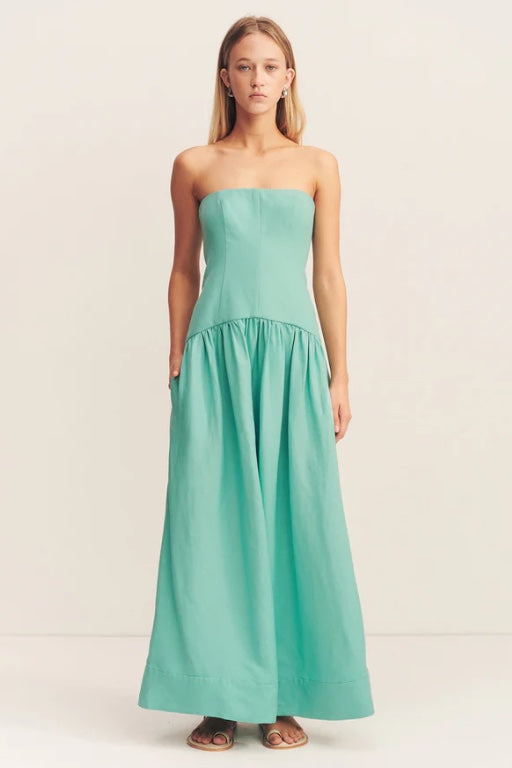 SHONA JOY - ALEC LINEN STRAPLESS PANELLED MAXI DRESS - POOL BLUE Chachi SHONA JOY - ALEC LINEN STRAPLESS PANELLED MAXI DRESS - POOL BLUE Chachi