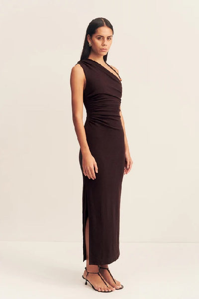 SHONA JOY - BEAU GATHERED ASYMMETRICAL  MIDI DRESS - ESPRESSO - PERTH BOUTIQUE - AUSTRALIAN BOUTIQUE - WA BOUTIQUE - INTERNATIONAL SHIPPING - USA SHIPPING - PERTH STORES - PERTH STORE - AUSTRALIA - WA - WESTER AUSTRALIA - WOMENS FASHION - FASHION - CLOTHING - WA STOCKIST - PERTH STOCKIST - AUSTRALIAN STOCKIST - STOCKIST