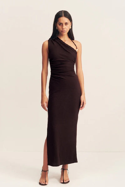 SHONA JOY - BEAU GATHERED ASYMMETRICAL  MIDI DRESS - ESPRESSO - PERTH BOUTIQUE - AUSTRALIAN BOUTIQUE - WA BOUTIQUE - INTERNATIONAL SHIPPING - USA SHIPPING - PERTH STORES - PERTH STORE - AUSTRALIA - WA - WESTER AUSTRALIA - WOMENS FASHION - FASHION - CLOTHING - WA STOCKIST - PERTH STOCKIST - AUSTRALIAN STOCKIST - STOCKIST
