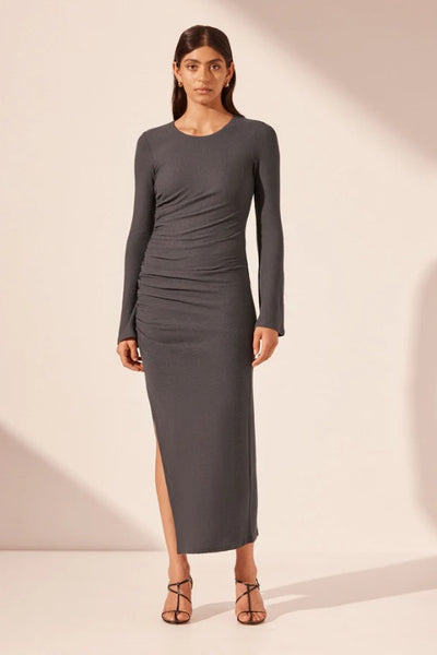 SHONA JOY - BEAU GATHERED LONG SLEEVE MIDI DRESS - DARK ASH