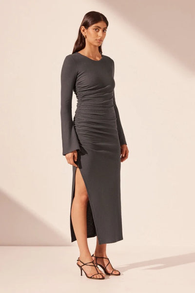 SHONA JOY - BEAU GATHERED LONG SLEEVE MIDI DRESS - DARK ASH