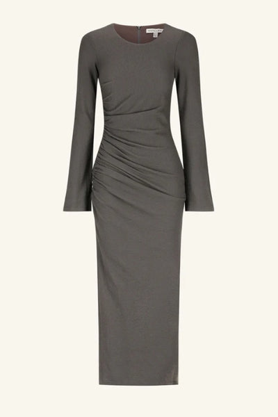 SHONA JOY - BEAU GATHERED LONG SLEEVE MIDI DRESS - DARK ASH