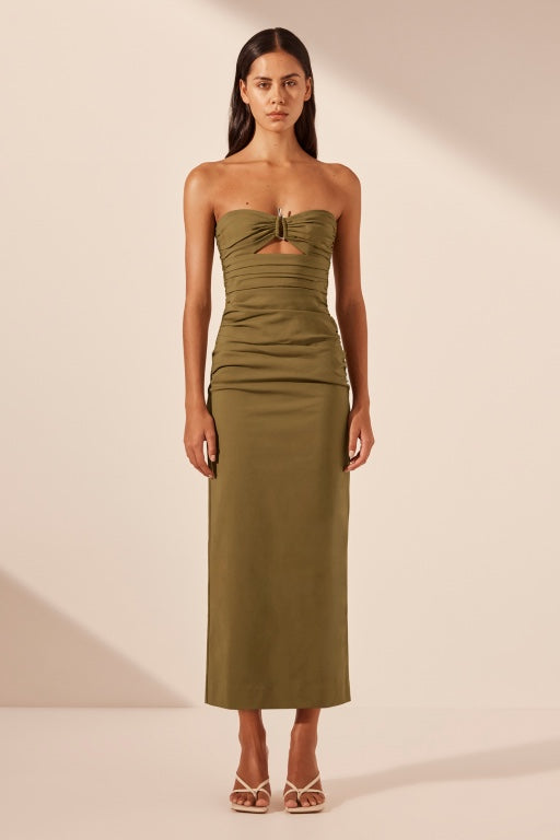 SHOP SHONA JOY - LANI STRAPLESS GATHERED MIDI DRESS - ARMY GREEN Chachi SHOP SHONA JOY - LANI STRAPLESS GATHERED MIDI DRESS - ARMY GREEN Chachi