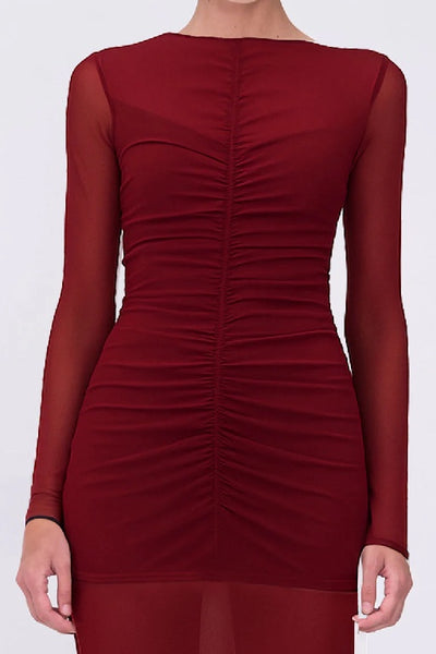 SUBOO - CHRISTY MESH RUCHED FRONT LONG SLEEVE TOP - BORDEAUX - PERTH BOUTIQUE - AUSTRALIAN BOUTIQUE - WA BOUTIQUE - INTERNATIONAL SHIPPING - USA SHIPPING - PERTH STORES - PERTH STORE - AUSTRALIA - WA - WESTER AUSTRALIA - WOMENS FASHION - FASHION - CLOTHING - WA STOCKIST - PERTH STOCKIST - AUSTRALIAN STOCKIST - STOCKIST