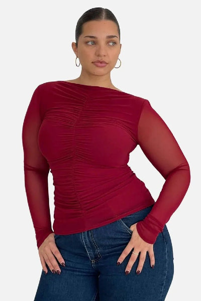 SUBOO - CHRISTY MESH RUCHED FRONT LONG SLEEVE TOP - BORDEAUX - PERTH BOUTIQUE - AUSTRALIAN BOUTIQUE - WA BOUTIQUE - INTERNATIONAL SHIPPING - USA SHIPPING - PERTH STORES - PERTH STORE - AUSTRALIA - WA - WESTER AUSTRALIA - WOMENS FASHION - FASHION - CLOTHING - WA STOCKIST - PERTH STOCKIST - AUSTRALIAN STOCKIST - STOCKIST