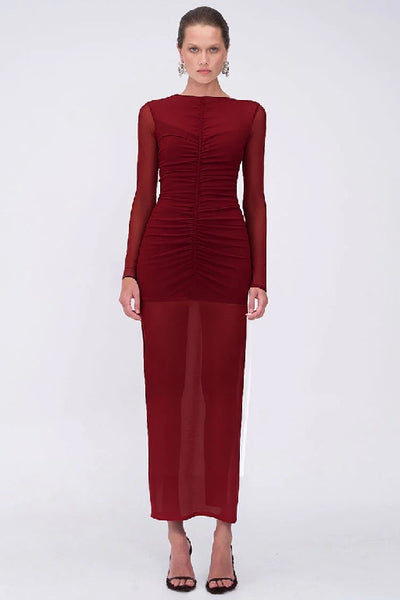 SUBOO - CHRISTY MESH RUCHED FRONT LONG SLEEVE TOP - BORDEAUX - PERTH BOUTIQUE - AUSTRALIAN BOUTIQUE - WA BOUTIQUE - INTERNATIONAL SHIPPING - USA SHIPPING - PERTH STORES - PERTH STORE - AUSTRALIA - WA - WESTER AUSTRALIA - WOMENS FASHION - FASHION - CLOTHING - WA STOCKIST - PERTH STOCKIST - AUSTRALIAN STOCKIST - STOCKIST