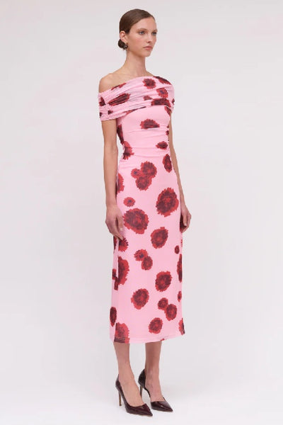 SUBOO - LUCA MESH OFF SHOULDER MIDI DRESS - PINK RED - PERTH STOCKIST - AUSTRALIAN STOCKIST - WA STOCKIST - AUSTRALIA STOCKIST - AUS STOCKIST - PERTH BOUTIQUE - WA BOUTIQUE - AUS BOUTIQUE - AUSTRALIA BOUTIQUE