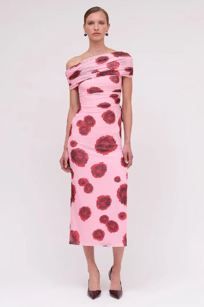 SUBOO - LUCA MESH OFF SHOULDER MIDI DRESS - PINK RED - PERTH STOCKIST - AUSTRALIAN STOCKIST - WA STOCKIST - AUSTRALIA STOCKIST - AUS STOCKIST - PERTH BOUTIQUE - WA BOUTIQUE - AUS BOUTIQUE - AUSTRALIA BOUTIQUE