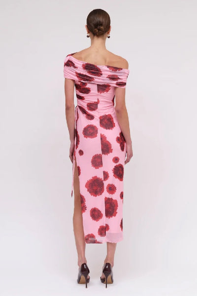 SUBOO - LUCA MESH OFF SHOULDER MIDI DRESS - PINK RED - PERTH STOCKIST - AUSTRALIAN STOCKIST - WA STOCKIST - AUSTRALIA STOCKIST - AUS STOCKIST - PERTH BOUTIQUE - WA BOUTIQUE - AUS BOUTIQUE - AUSTRALIA BOUTIQUE