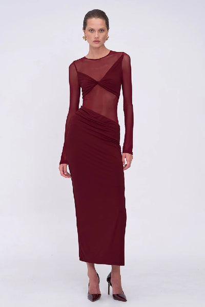 SUBOO - AUGUSTE LONG SLEEVE MESH JERSEY MAXI DRESS - BORDEAUX - PERTH BOUTIQUE - AUSTRALIAN BOUTIQUE - WA BOUTIQUE - INTERNATIONAL SHIPPING - USA SHIPPING - PERTH STORES - PERTH STORE - AUSTRALIA - WA - WESTER AUSTRALIA - WOMENS FASHION - FASHION - CLOTHING - WA STOCKIST - PERTH STOCKIST - AUSTRALIAN STOCKIST - STOCKIST
