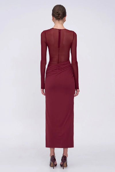 SUBOO - AUGUSTE LONG SLEEVE MESH JERSEY MAXI DRESS - BORDEAUX - PERTH BOUTIQUE - AUSTRALIAN BOUTIQUE - WA BOUTIQUE - INTERNATIONAL SHIPPING - USA SHIPPING - PERTH STORES - PERTH STORE - AUSTRALIA - WA - WESTER AUSTRALIA - WOMENS FASHION - FASHION - CLOTHING - WA STOCKIST - PERTH STOCKIST - AUSTRALIAN STOCKIST - STOCKIST