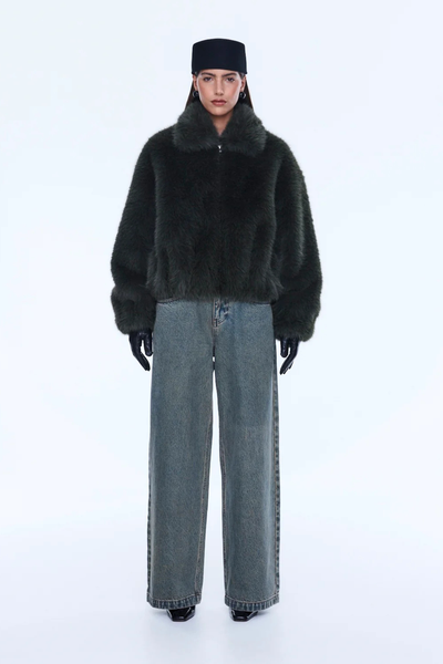 Oversized Daphne Faux Fur Bomber in a deep olive green, featuring a soft voluminous texture and a center-front zipper closure.