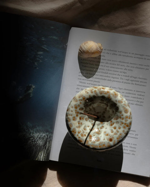 Top-down lifestyle shot of the Gentle Habits Vessel Incense Holder in Seafoam resting on an open art book next to a small seashell.