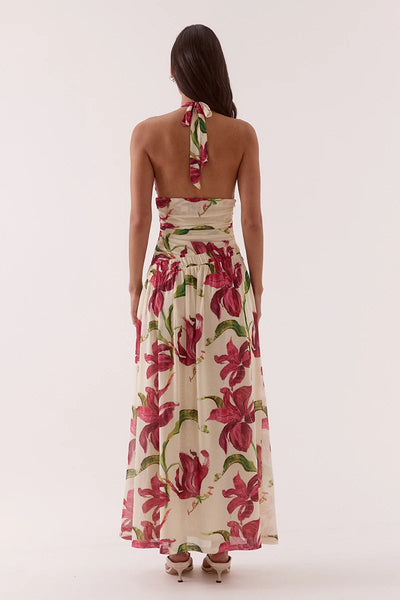 A full-length back studio view of the printed maxi dress, demonstrating the high halter back neck tie styling and the clean, elasticated top edge line.