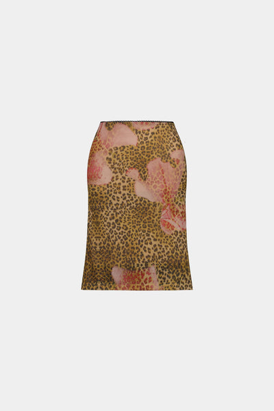 The leopard print midi skirt flat-lay from the front, highlighting the exclusive all-over animal print design and precise silhouette cut.
