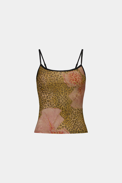 A clean studio flat-lay image of the With Harper Lu Camisole in Mesh Leopard against a white background, highlighting the straight neck edge, narrow adjustable straps, and mid-waist cut.