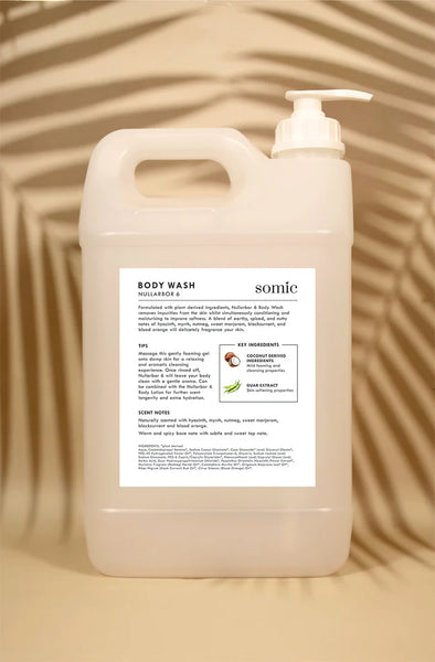 A large translucent plastic bottle of Somic Body Wash with a white pump dispenser, set against a warm beige background with a palm leaf pattern.