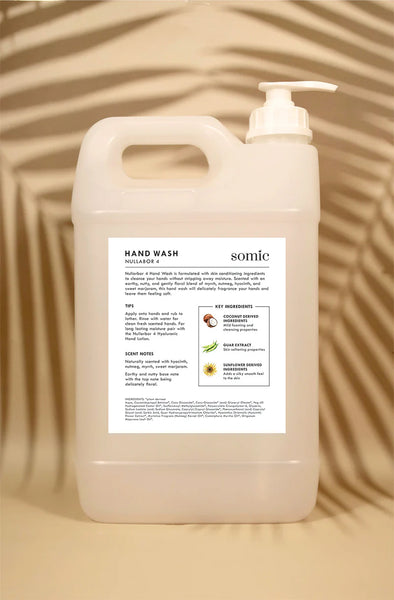A large translucent plastic hand wash jug with a white pump dispenser and a large white front label, photographed against a warm beige background with soft leaf-like shadows. The label shows the brand name 'somic' and the product name 'HAND WASH'.