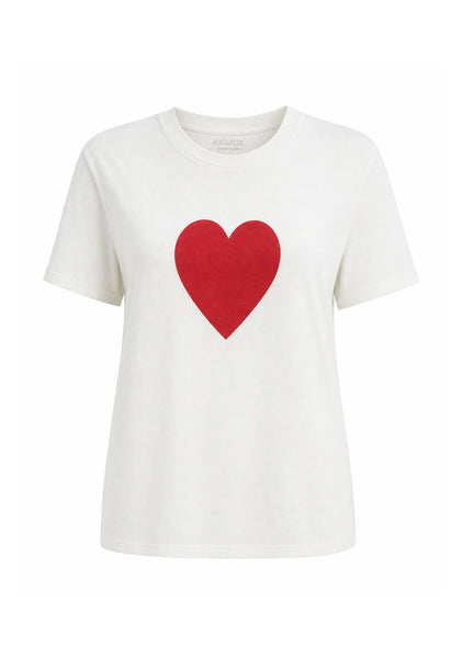 Studio e-commerce product shot of the Auguste The Label Heart Classic Tee in White against a clean white background. This front view showcases the classic crew neckline, regular-fit silhouette, and the bold, central screen-printed red heart graphic.