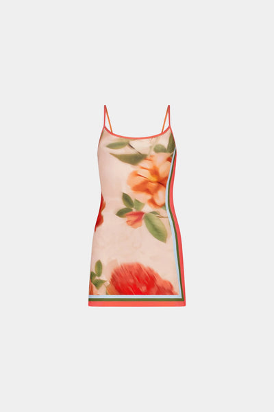 A flat-lay studio product shot of the With Harper Lu Fitted Mini Dress against a neutral backdrop, showcasing the straight neck design, slim adjustable shoulder straps, and the vibrant all-over peach floral print artwork.