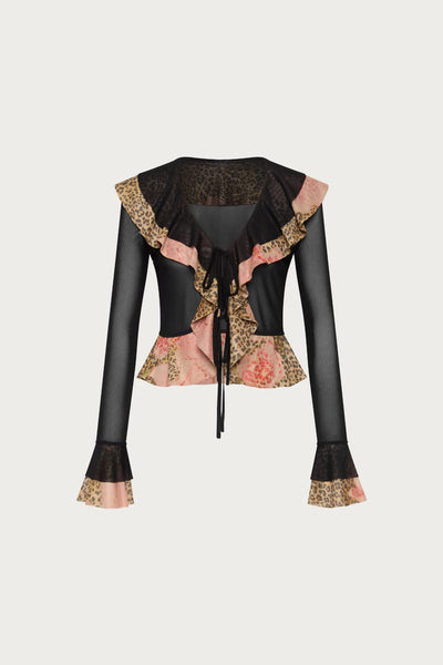 A flat-lay studio shot of the With Harper Lu Frill Cardigan, showcasing the relaxed silhouette in exclusive leopard print mesh with a black contrast ruffle neckline and double front-tie closures.
