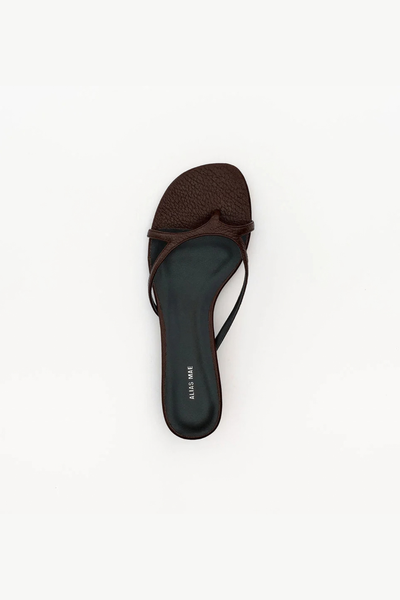 Top-down studio flat lay of the chocolate brown leather mule, showcasing the round toe shape, toe loop, fine straps, and "Alias Mae" branding on the insole.