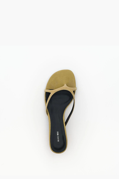 Top-down view of the Alias Mae Bodie sandal in dune suede, featuring slim multi-straps and toe loop over a dark contrast footbed.