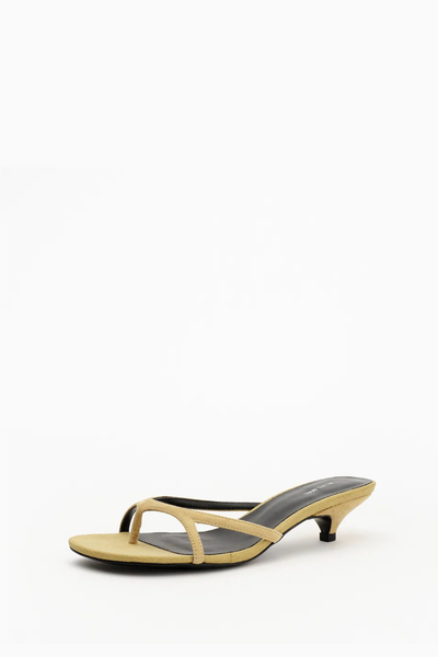 Side-angle view of the dune suede Alias Mae Bodie heeled sandal, showcasing the 4cm kitten heel and delicate strap design.