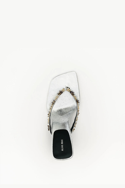 Top-down view of the Alias Mae Teya heel in Silver Crinkle Leather, showing the square toebed and sequined thong strap.