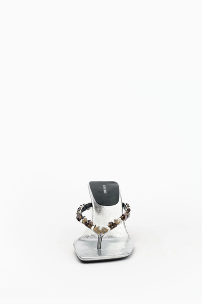 Front-facing view of the Alias Mae Teya sandal in Silver Crinkle Leather, highlighting the toe post and sequined thong design.