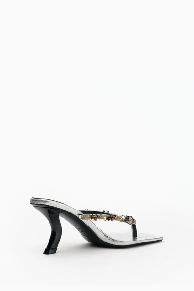 Side profile view of the Alias Mae Teya heeled sandal in Silver Crinkle Leather, showing the 7.5cm curved black heel and metallic finish.