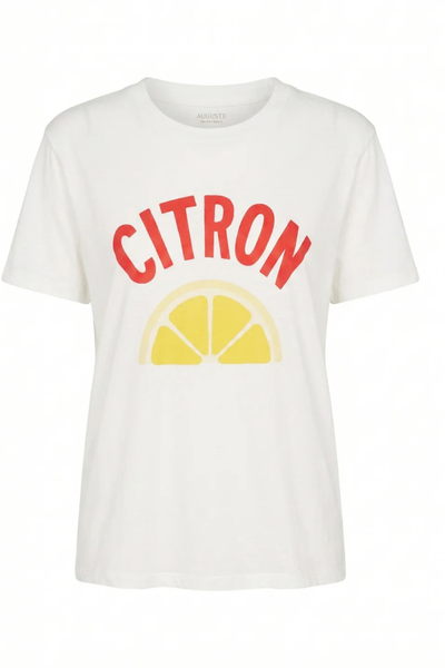 Flat product shot of the white organic cotton-hemp classic tee against a clean white background, showcasing the crew neckline and bold red and yellow citrus front graphic.