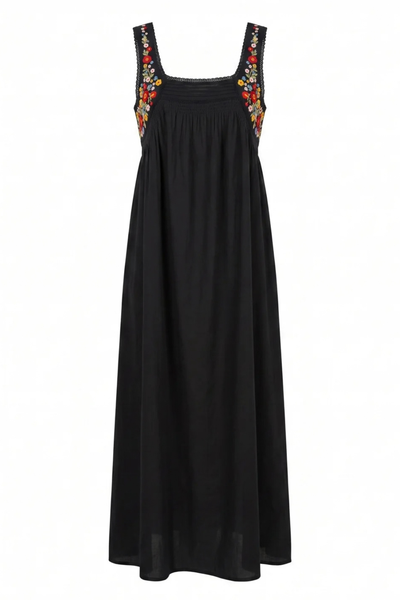 Flat product shot of the black cotton Amiah maxi dress against a plain white background, highlighting the square neckline and vibrant summer-tone floral embroidery along the straps.