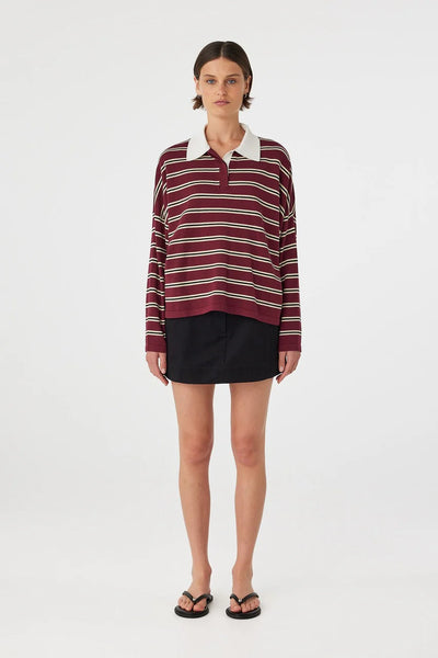 Oversized Rayne Knit Jersey in a custom Merlot and cream stripe, featuring a contrast polo collar and a relaxed, slouchy silhouette.