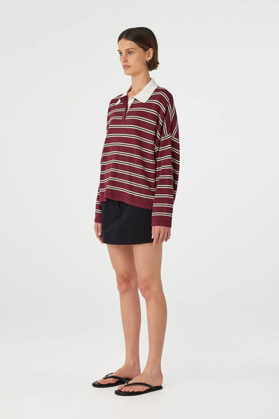 Rear view of the Rayne Knit Jersey in Merlot Stripe, showcasing the continuous striped pattern and the expansive, comfortable fit across the shoulders.