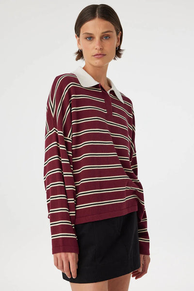 Oversized Rayne Knit Jersey in a custom Merlot and cream stripe, featuring a contrast polo collar and a relaxed, slouchy silhouette.
