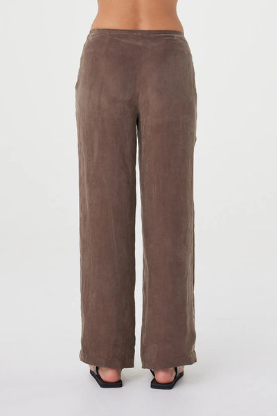 Full-length back view of the Maisie Tie Pant showcasing the clean straight-leg drape and mid-rise cut.