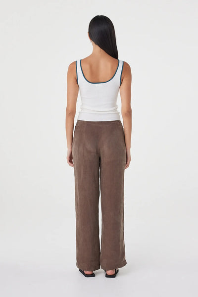 Full-body back view of the Maisie Tie Pant showing the clean straight-leg drape and mid-rise cut.