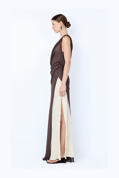 BEC + BRIDGE - AUGUSTIN ASYM MAXI DRESS - DARK CHOCOLATE / SNOW - PERTH BOUTIQUE - AUSTRALIAN BOUTIQUE - WA BOUTIQUE - INTERNATIONAL SHIPPING - USA SHIPPING - PERTH STORES - PERTH STORE - AUSTRALIA - WA - WESTER AUSTRALIA - WOMENS FASHION - FASHION - CLOTHING - WA STOCKIST - PERTH STOCKIST - AUSTRALIAN STOCKIST - STOCKIST
