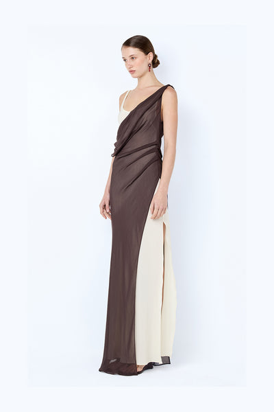 BEC + BRIDGE - AUGUSTIN ASYM MAXI DRESS - DARK CHOCOLATE / SNOW - PERTH BOUTIQUE - AUSTRALIAN BOUTIQUE - WA BOUTIQUE - INTERNATIONAL SHIPPING - USA SHIPPING - PERTH STORES - PERTH STORE - AUSTRALIA - WA - WESTER AUSTRALIA - WOMENS FASHION - FASHION - CLOTHING - WA STOCKIST - PERTH STOCKIST - AUSTRALIAN STOCKIST - STOCKIST