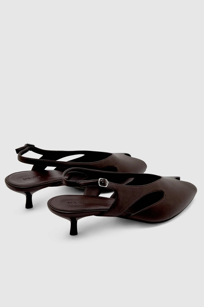 Three-quarter back view of the dark chocolate brown Brie Leon Sadie Peep Toe Heels, featuring the low 4cm kitten heel, slender slingback straps, and side cut-out details.