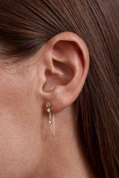 On-model side view of the By Charlotte Aura Chain Earring in 18k Gold Plated, demonstrating how the chain drop loops around the earlobe.