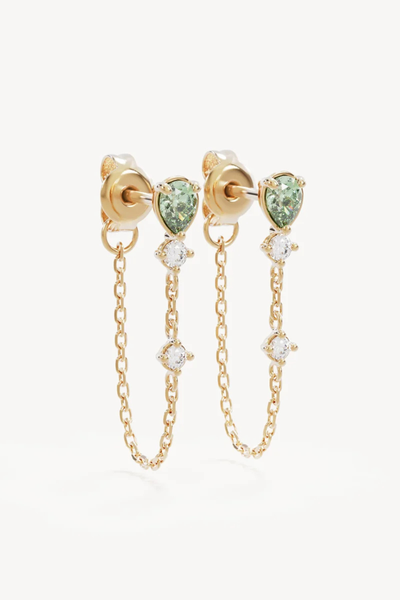 Studio product shot of the By Charlotte Aura Chain Earrings in 18k Gold Plated, featuring a pair of stud-to-back chain drop earrings set with pear-cut green lab-grown tourmaline and round cubic zirconias.