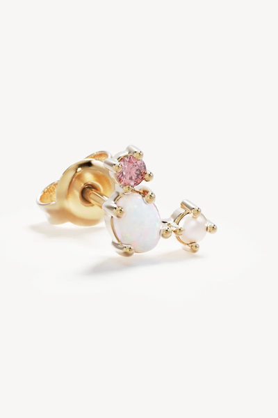 Macro close-up shot of a single By Charlotte Cosmic Bloom Stud Earring in 18k Gold Vermeil, showcasing the detailed claw settings and gemstone cluster arrangement.