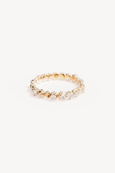 A high-resolution studio product shot of the 18k Gold Vermeil Endless Summer Ring centered against a clean white backdrop, showcasing the unique organic texture of its polished pebble band and the glittering half-loop arrangement of clear cubic zirconias.