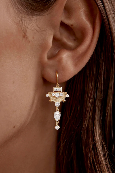 A lifestyle image showing a model wearing the 18k gold vermeil Lotus Rain Thread Earring, illustrating its 3.7cm total drop length, textured finish, and how the multi-cut cubic zirconia crystals capture the light when worn.