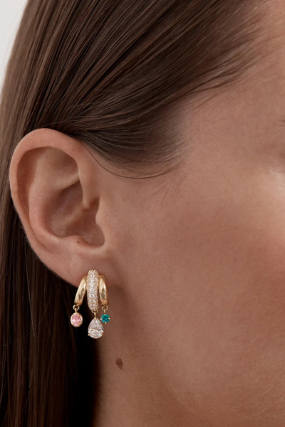 On-model lifestyle view showing the By Charlotte Vibrant Soul Illusion Hoop in 18k Gold Plated worn in a single ear piercing, demonstrating the multi-hoop illusion design.