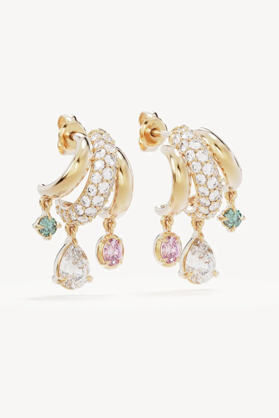 Studio product shot of the By Charlotte Vibrant Soul Illusion Hoops in 18k Gold Plated, showing a mirrored pair of triple-row illusion hoops featuring pavé white cubic zirconias and dangling pink, white teardrop, and teal nano tourmaline paraiba charms.